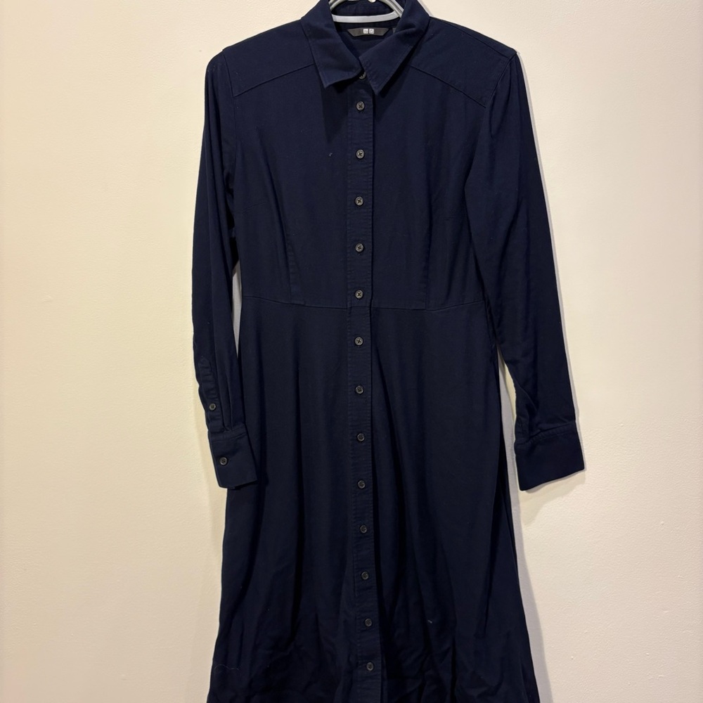 Uniqlo Navy Long-Sleeve Button-Front Shirt Dress